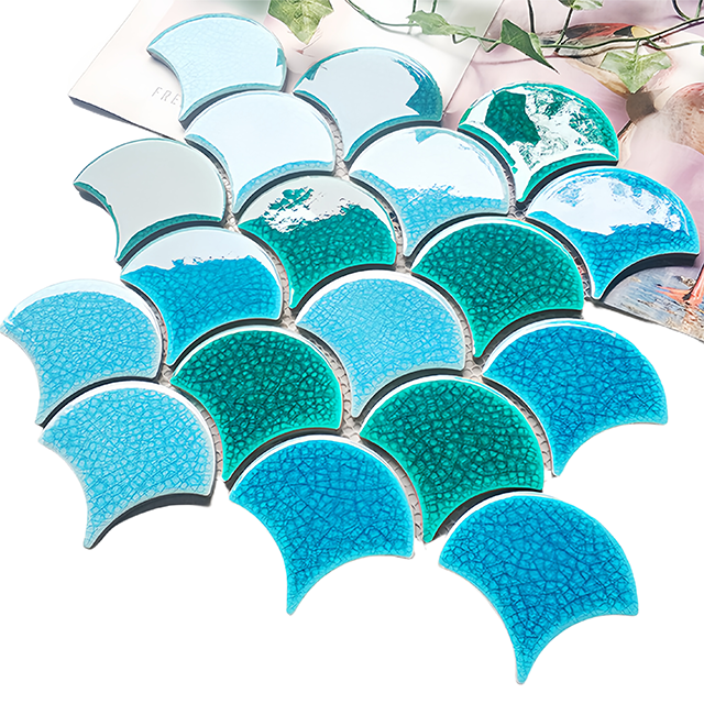 Ice-cracked fish scale ceramic blue and green  tiles mosaic for renovating kitchen walls, bathroom shower walls, and swimming pools CPT132