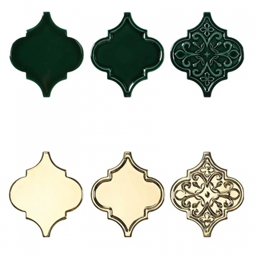 Modular Grand Emerald & Royal Gold Arabesque Lantern Tile | Large 6" x 7" Modular Embossed Poecelain Mosaic For Bathroom wall and Kitchen Bashsplash.
