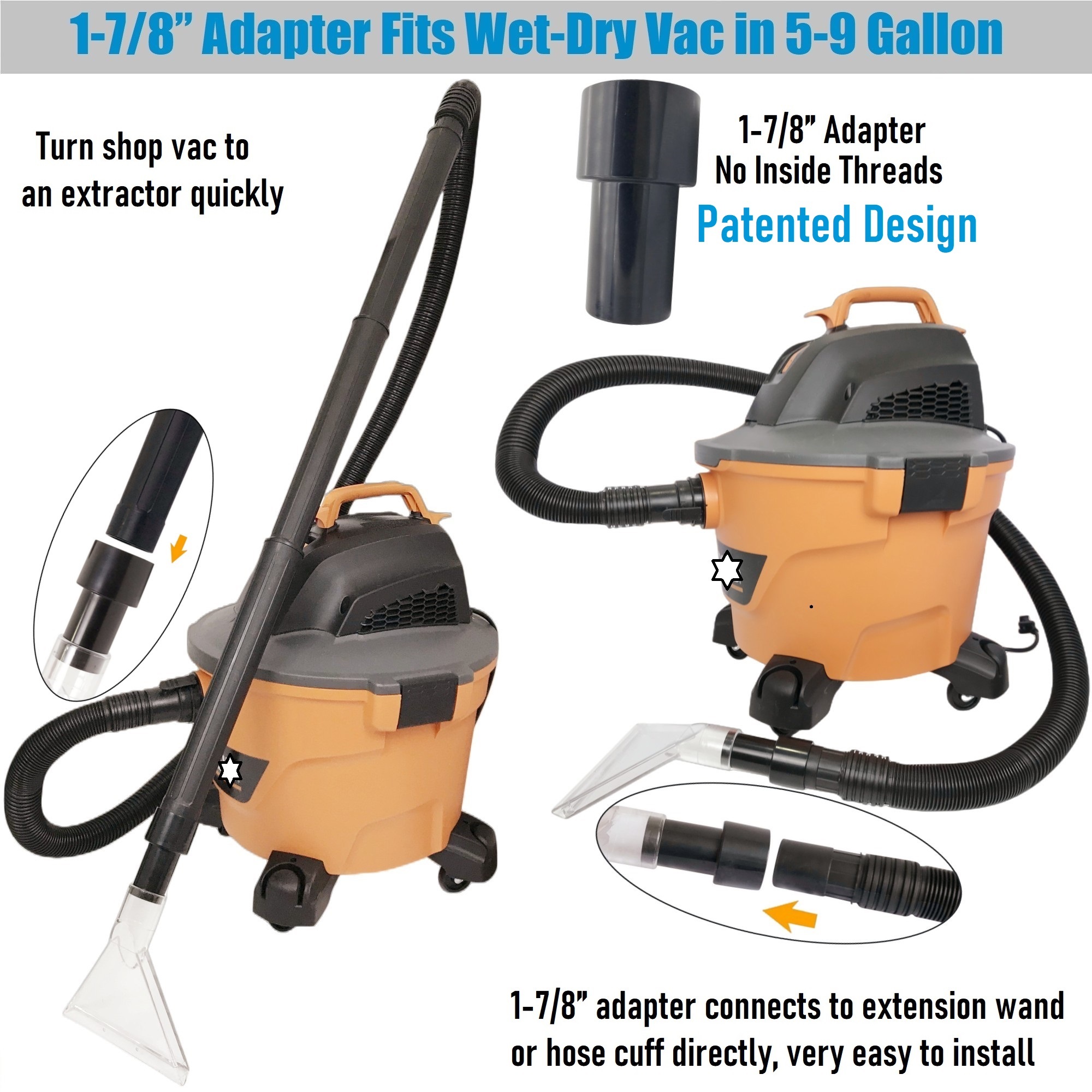 Shop Vac Extractor Attachment with 1-/4" & 1-7/8" Adapters with 7-1/2" Clear Head for Upholstery & Carpet Cleaning