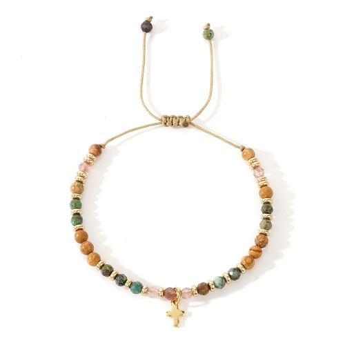 Smalled Natural Stone Beaded Bracelet withh Gold Plated Cross Charms