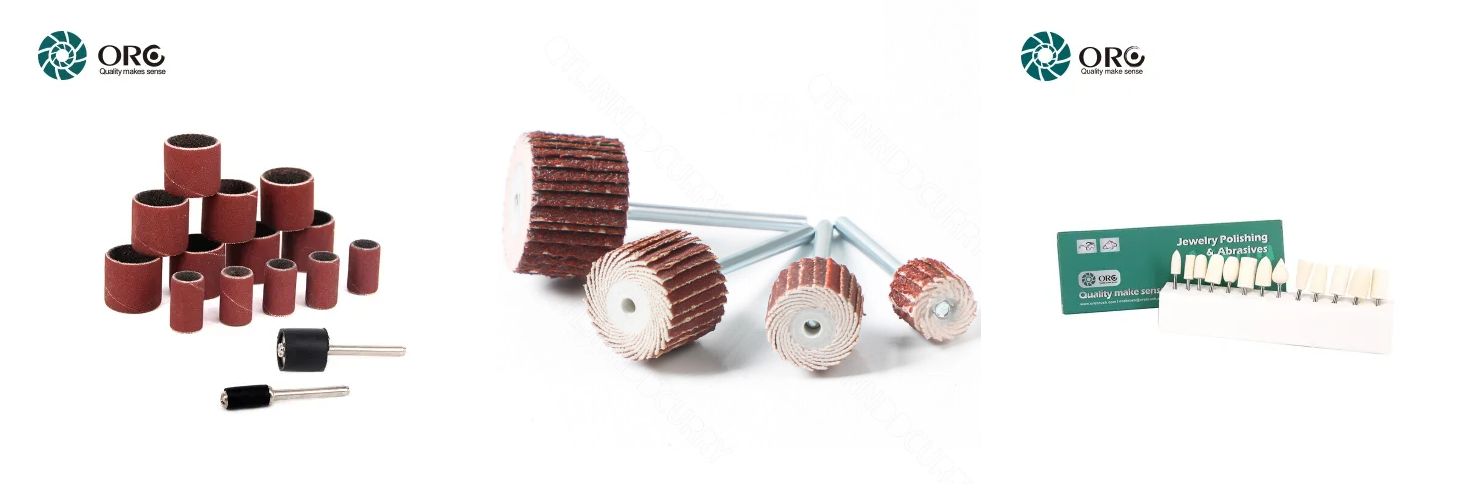 Tres accesorios para herramientas rotativas: tambores/bandas de lijado, discos de láminas/discos de lijado y ruedas de pulido de fieltro.