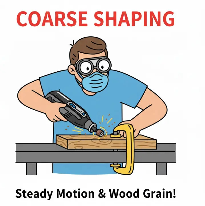 A person uses a Dremel tool for coarse shaping on a piece of wood, focusing on steady motion and following the wood grain.