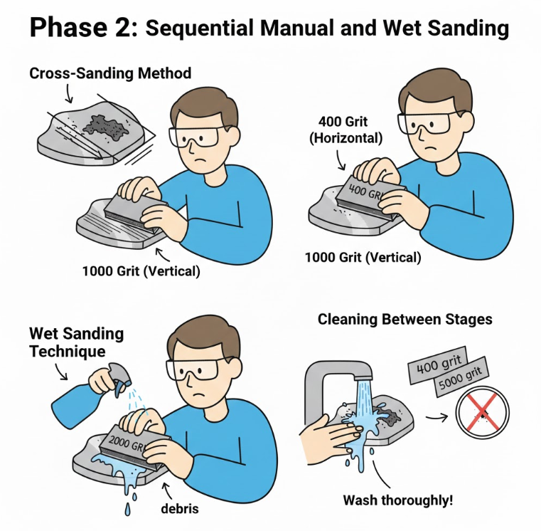 Схема техники перекрестной и влажной шлифовки с использованием различных уровней зернистости и тщательной промывки.