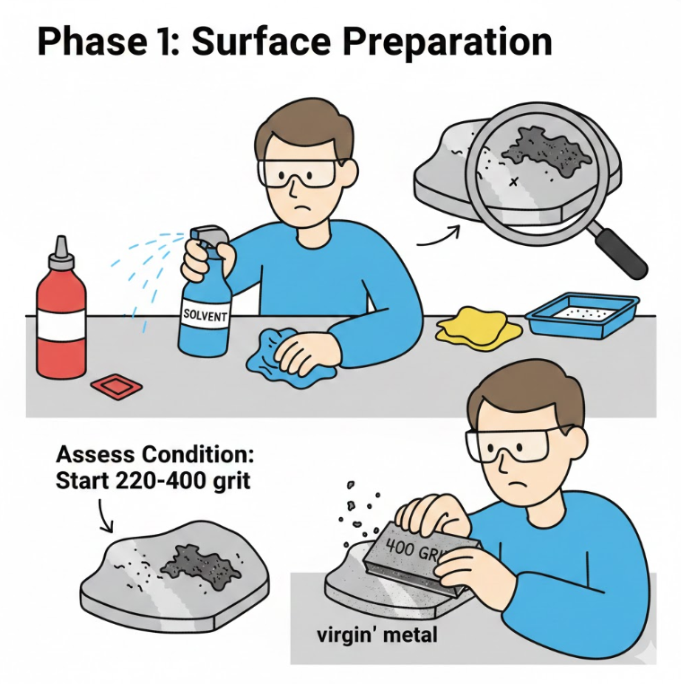 Мужчина очищает металл растворителем и оценивает его состояние перед шлифовкой наждачной бумагой зернистостью 400.
