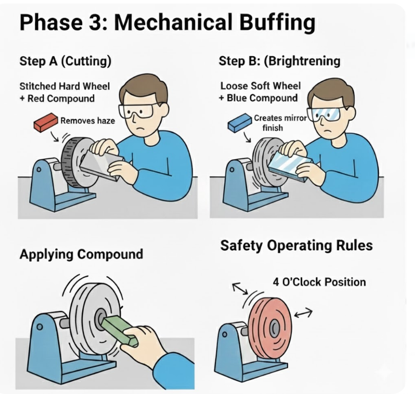 Этапы механической полировки: обработка красной полировальной пастой и придание блеска синей полировальной пастой в положении «4 часа».
