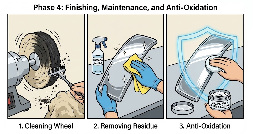 Заключительные этапы полировки металла: очистка полировального круга, удаление остатков спиртом и нанесение керамического покрытия.