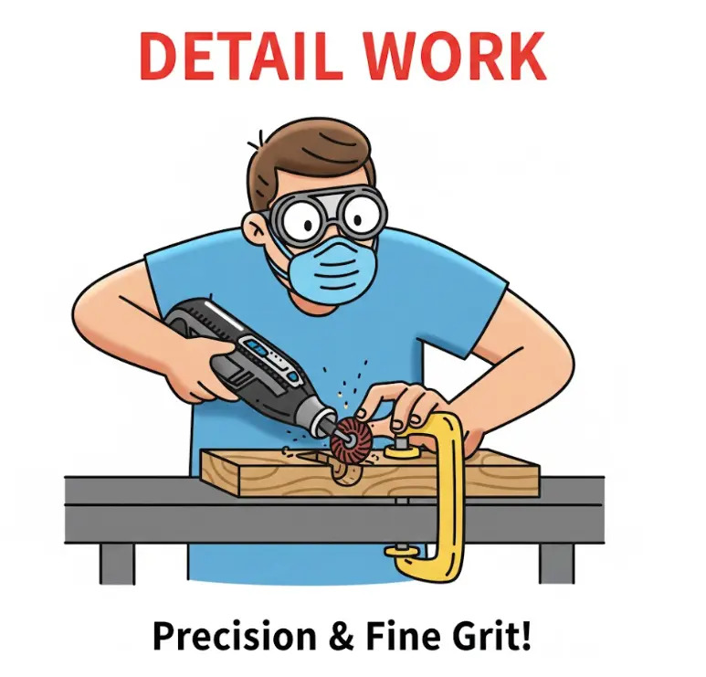 A person uses a Dremel tool for detail work on wood, emphasizing precision and using a fine grit sanding accessory.