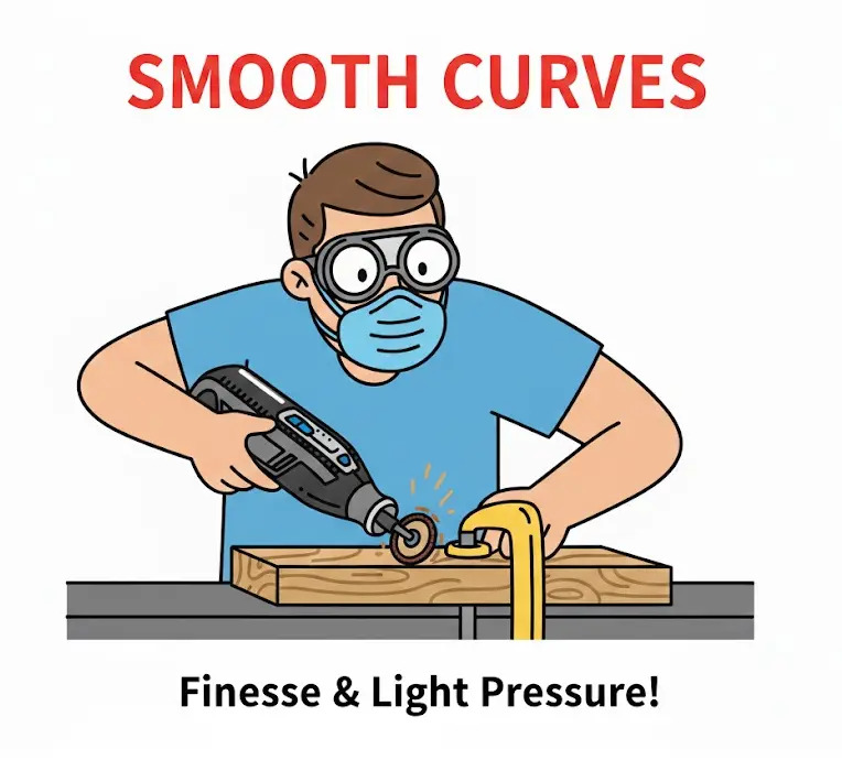 A person uses a Dremel tool with finesse and light pressure to create smooth curves on a piece of wood.