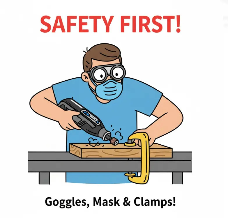 A person safely uses a Dremel rotary tool on wood, wearing safety goggles and a face mask, with the wood secured by clamps.