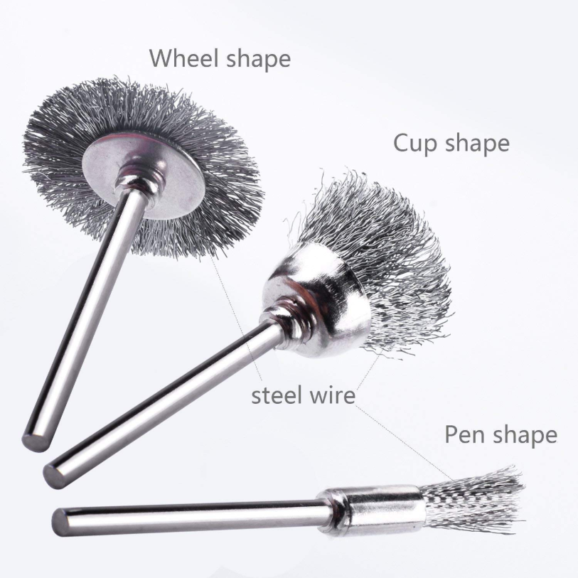 Diagram showing wheel, cup, and pen shape Dremel wire brushes with steel wire components.