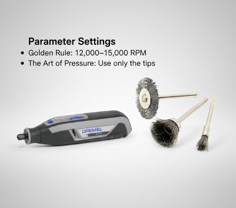 Dremel Lite tool with wire brushes showing recommended 12,000 to 15,000 RPM and light pressure tips.