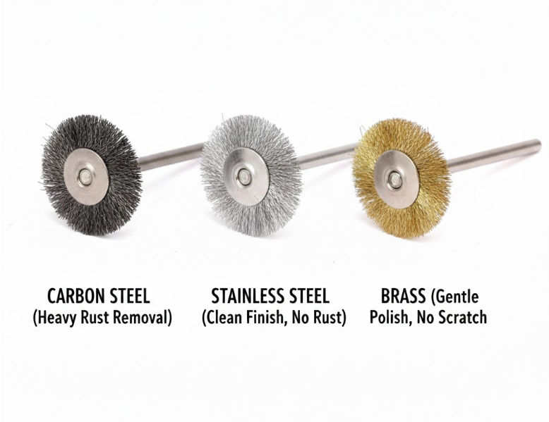 Carbon steel, stainless steel, and brass Dremel wire brushes for rust removal and polishing.