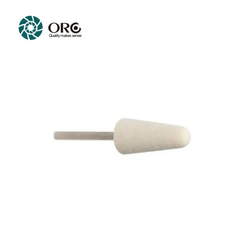Pointed cone-shaped white felt polishing bob mounted on a silver mandrel for detail work.
