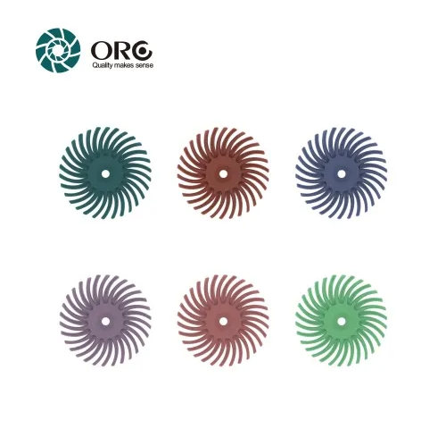 Six colorful 3M radial bristle discs for metal cleaning and polishing, featuring the ORO logo.