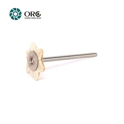 Hexagonal star-shaped white bristle polishing brush mounted on a metal mandrel by ORO.