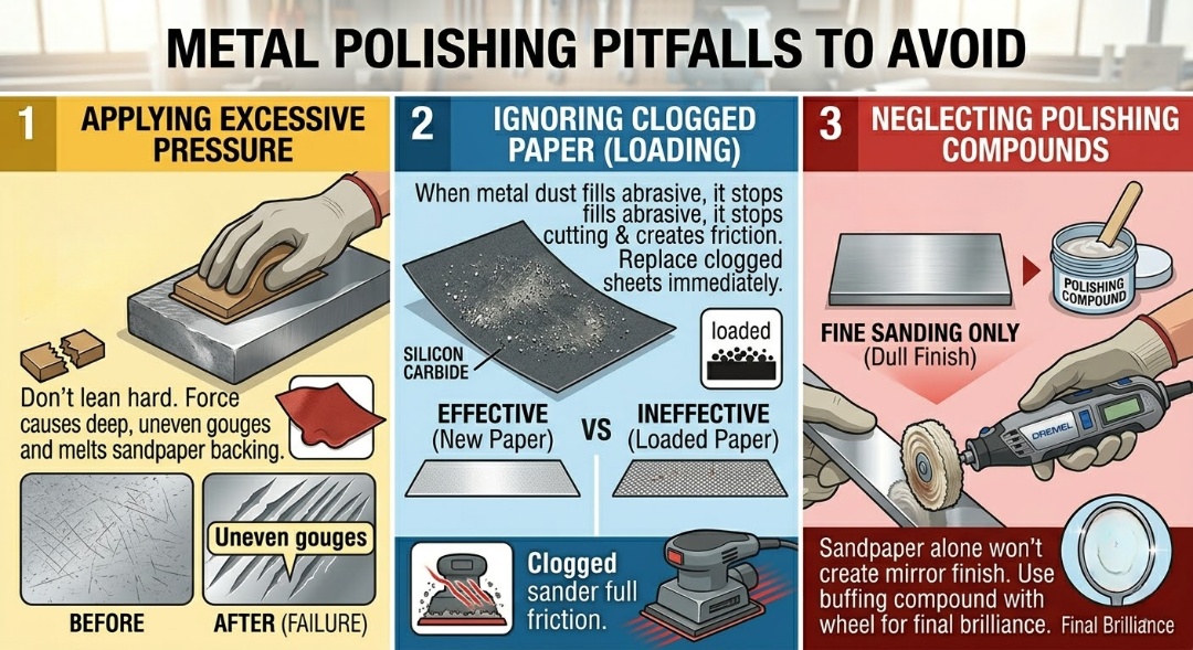 Guide to avoiding polishing pitfalls: excessive pressure, clogged sandpaper, and neglecting polishing compounds.