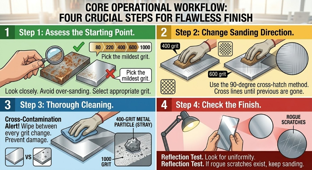 4-step workflow for flawless metal finish: assess starting point, change direction, clean, and check finish.