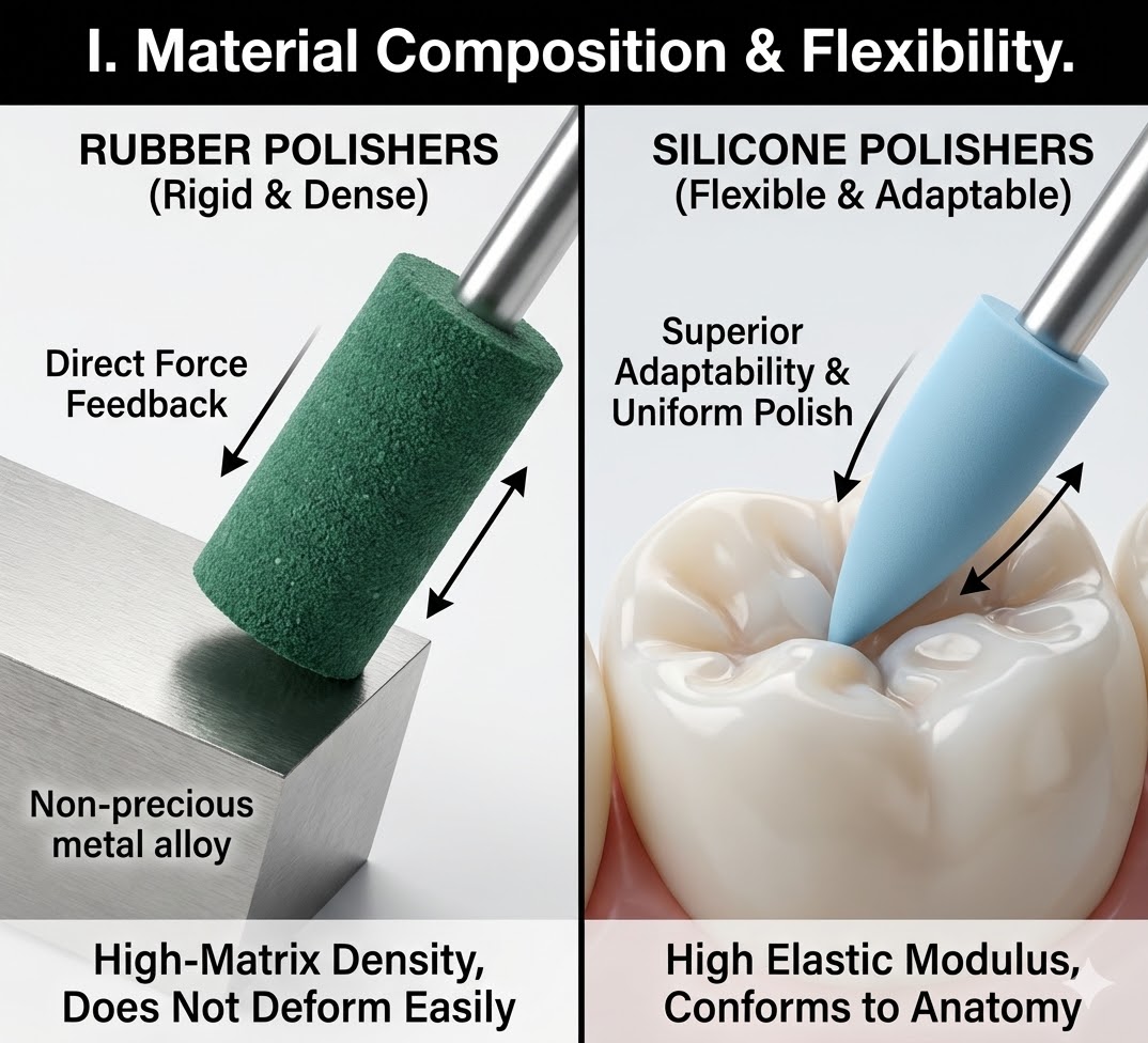 Rigid rubber vs flexible silicone dental polishers material adaptability comparison.