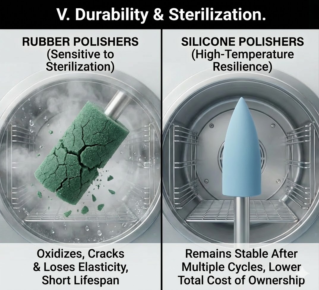 Sterilization resilience of silicone polishers compared to oxidization of rubber tools.