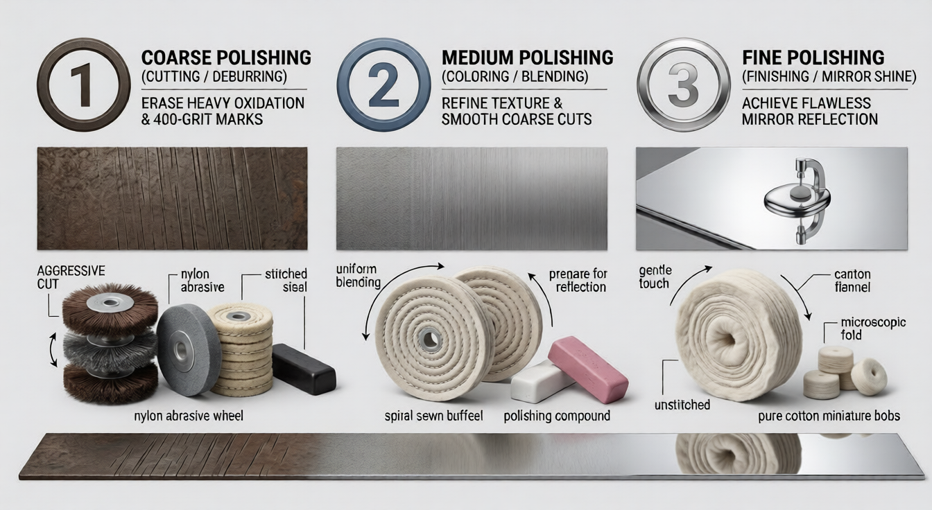 Educational chart explaining coarse, medium, and fine polishing stages to achieve a mirror shine.