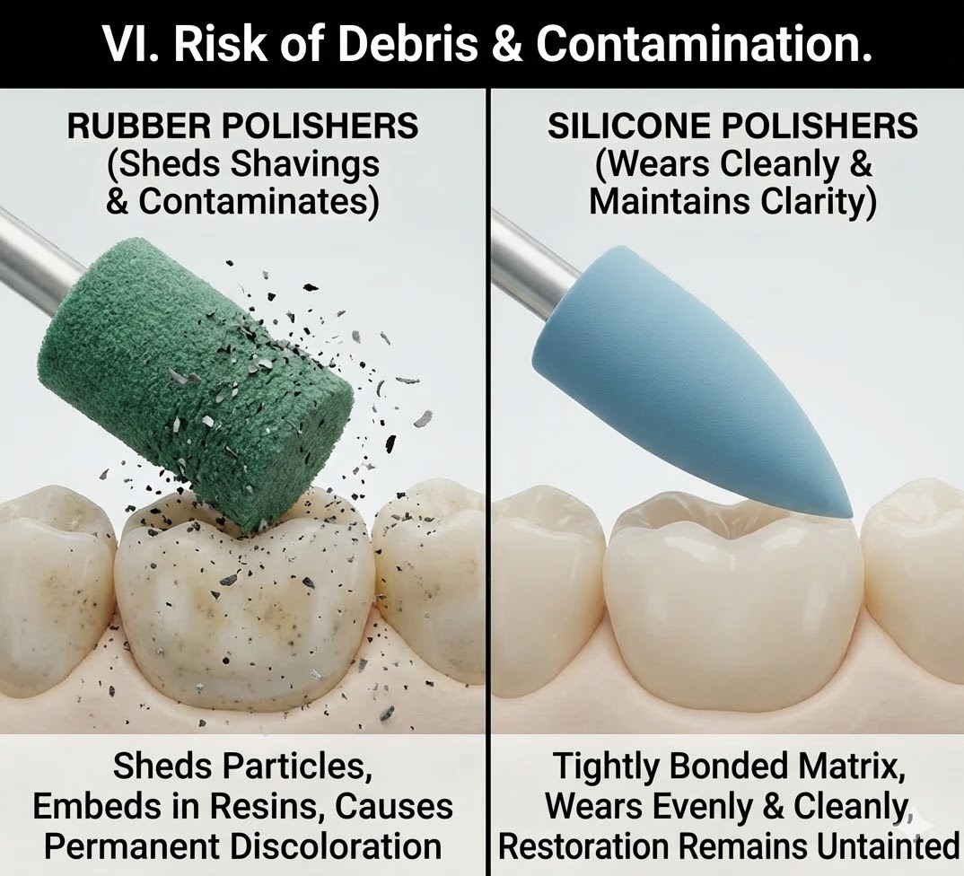 Sterilization resilience of silicone polishers compared to oxidization of rubber tools.