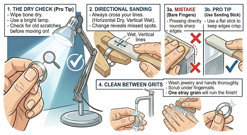 Pro tips for jewelry sanding: directional sanding, cleaning, and using sticks.