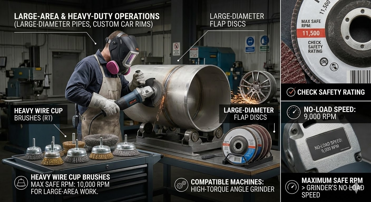 Safety infographic for heavy-duty grinding on large pipes using flap discs and wire cup brushes.
