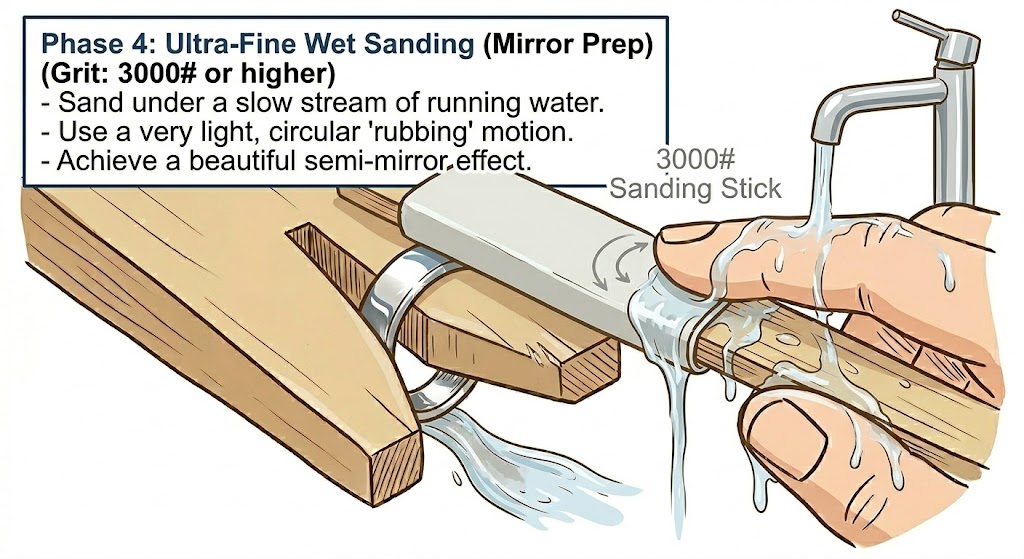 Phase 4: Ultra-fine wet sanding under running water to achieve a semi-mirror effect.