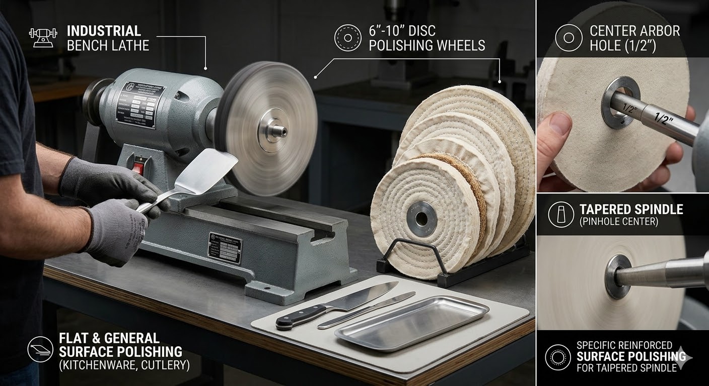 Guide for using an industrial bench lathe with 6 to 10 inch polishing wheels for flat surface finishing.