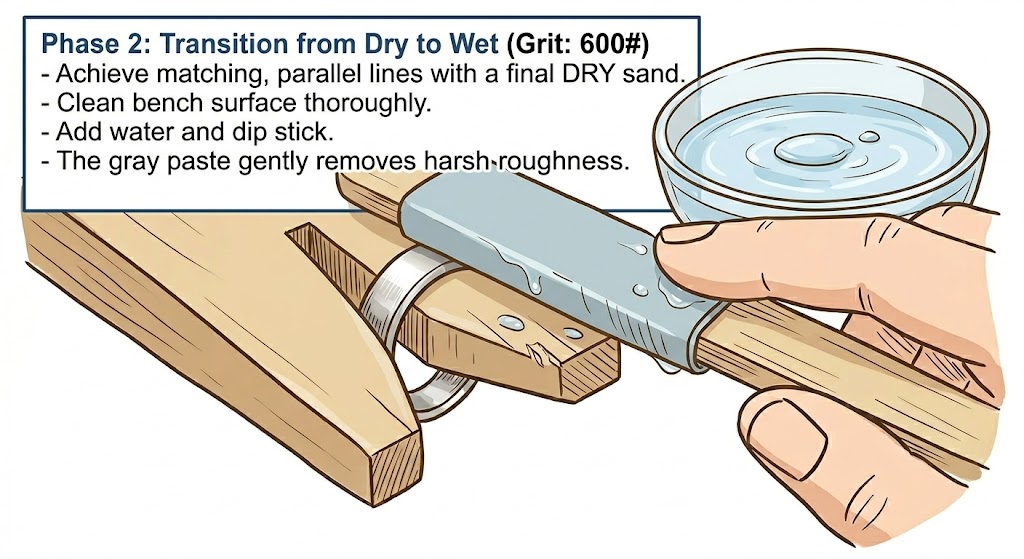 Phase 2: Adding water to the sanding stick for a smooth transition to wet sanding.