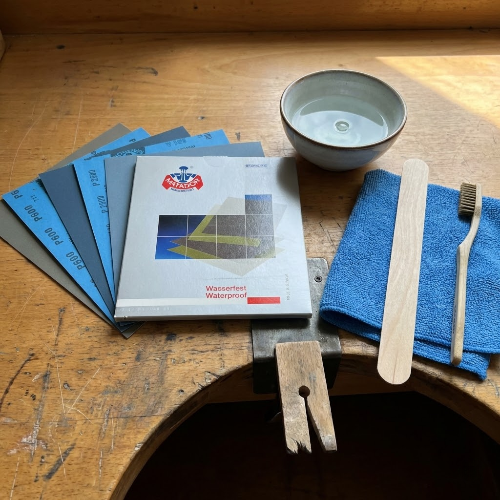 Jewelry polishing workspace with Matador sandpaper, bench pin, and water.