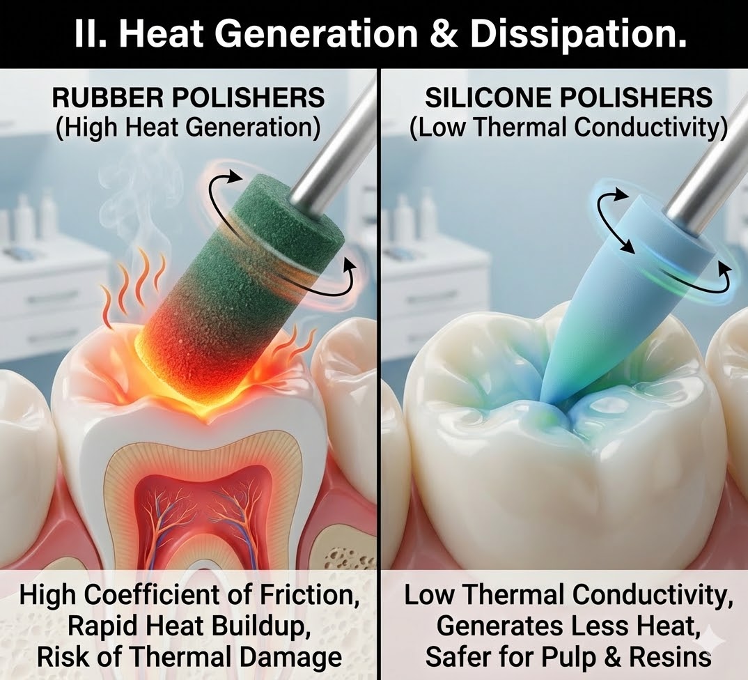 Heat generation comparison between rubber and silicone dental polishers on tooth pulp.