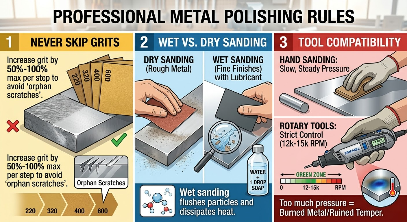 Infographic on metal polishing: never skip grits, wet vs. dry sanding, and rotary tool speed compatibility.