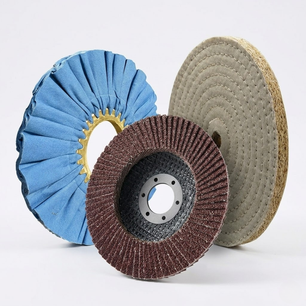 Three large industrial polishing wheels including a blue treated cloth wheel and a brown abrasive flap disc.