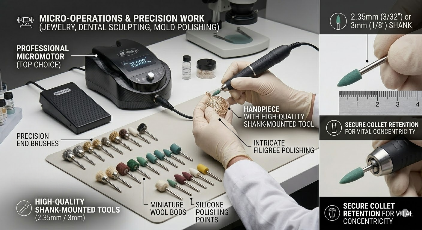 Infographic showing micromotor use for intricate filigree polishing with shank-mounted miniature tools.