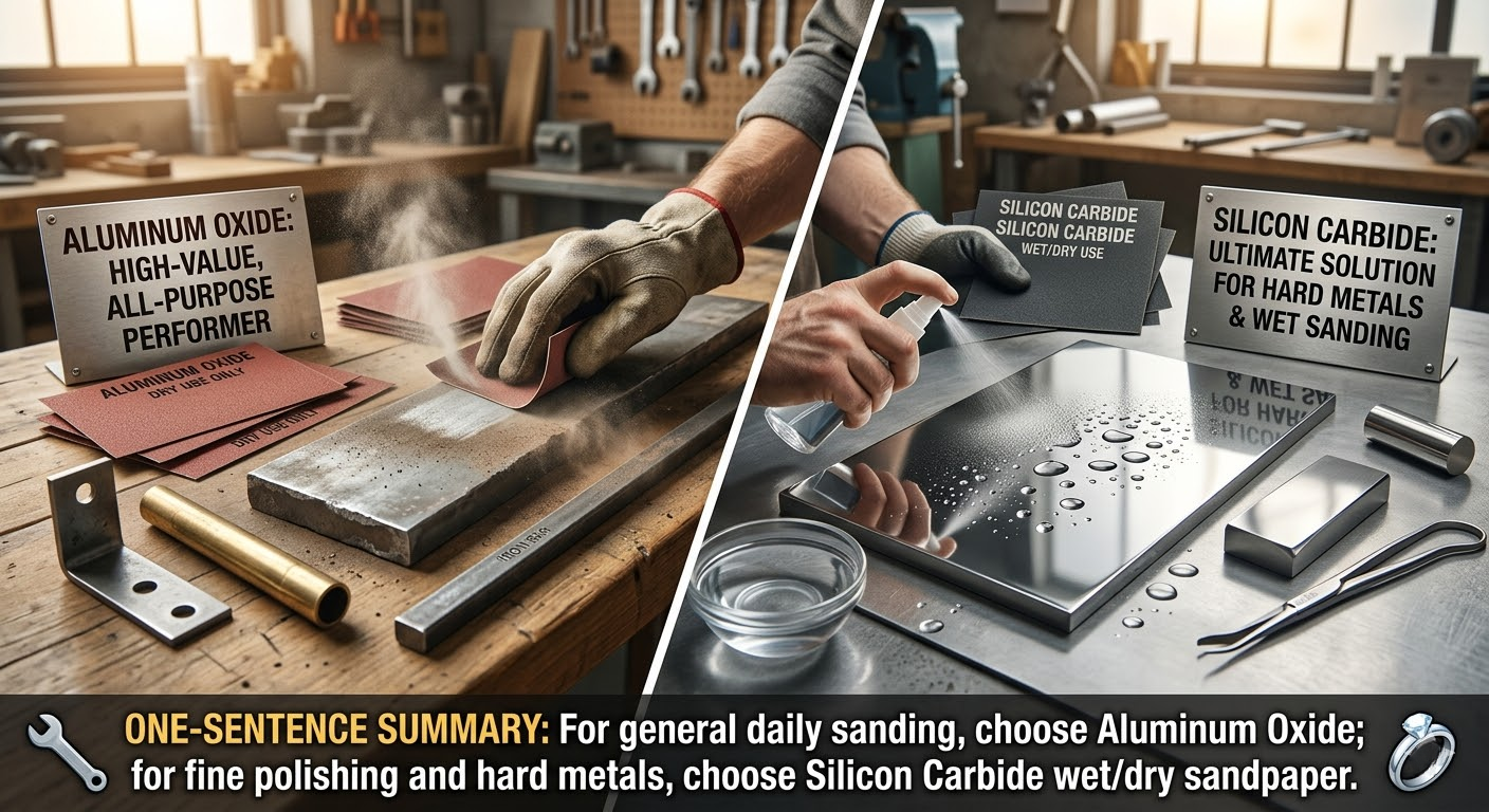 Comparison of aluminum oxide for general sanding and silicon carbide for hard metals and wet sanding.