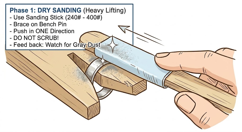 Phase 1: Dry sanding a silver ring on a bench pin using a sanding stick.