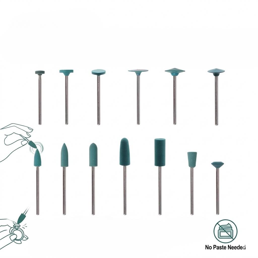 Green silicone rubber polishing points in various shapes for finishing without needing extra paste.