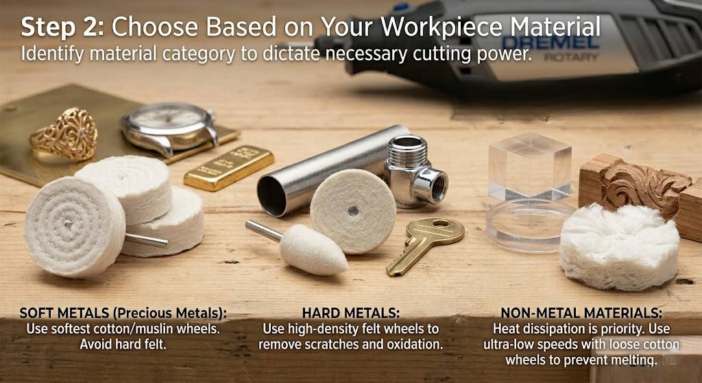 Guide for matching Dremel wheels to materials like soft gold, hard stainless steel, and non-metal acrylics.