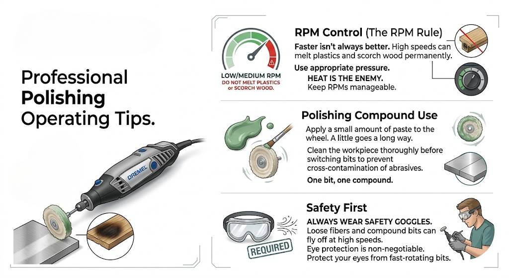 Infographic for polishing tips covering RPM control, compound use, and safety gear like goggles to protect eyes.