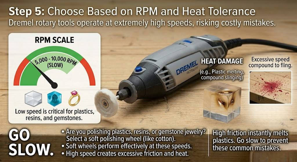 RPM scale guide for Dremel tools showing safe low speeds to prevent heat damage on plastics and gemstones.