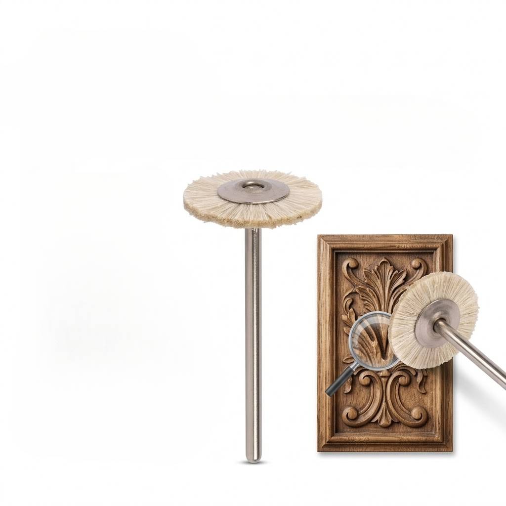 Soft goat hair bristle brush demonstrating detailed polishing on a carved wooden surface ornament.