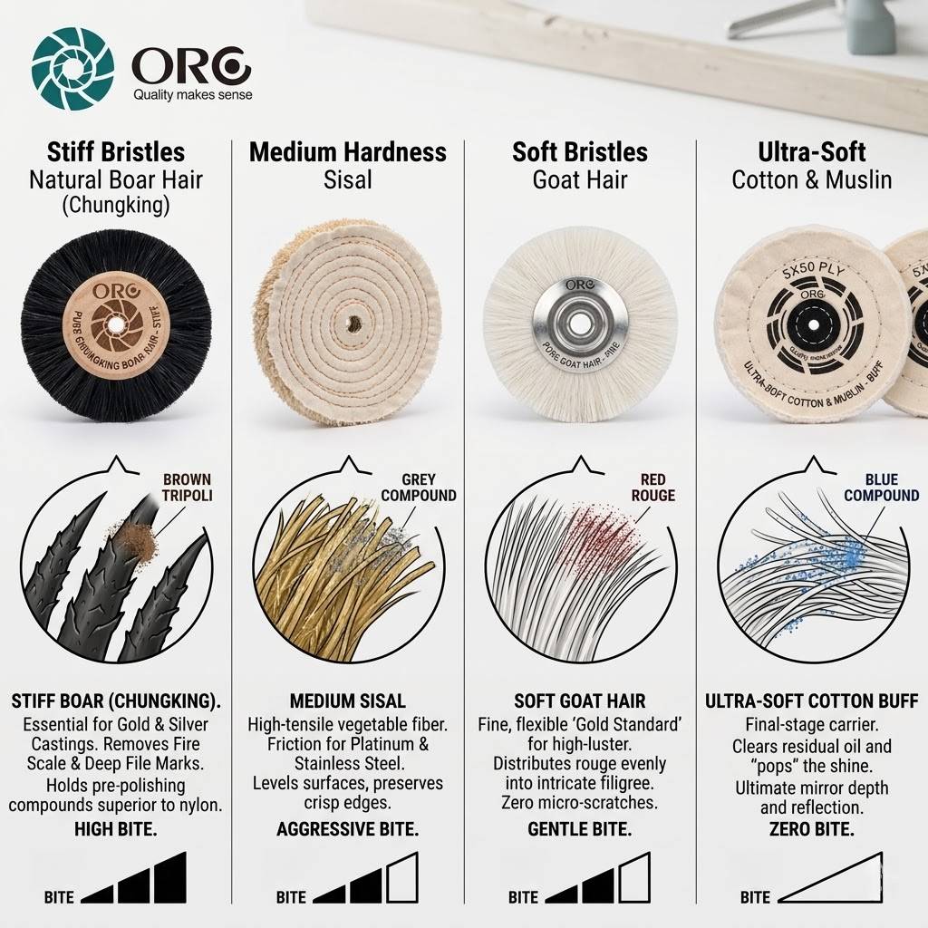Comparison chart of jewelry brushes from stiff boar hair to ultra-soft cotton for different polishing stages.