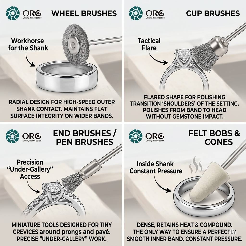 Technical guide showing wheel, cup, and end brushes for polishing ring shanks, settings, and intricate crevices.