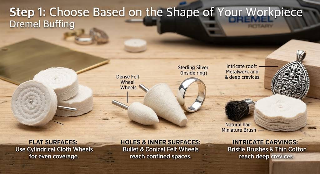Choosing Dremel buffing wheels based on shape: cylindrical for flat surfaces and conical for holes and crevices.