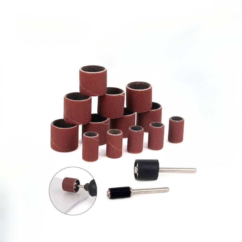 Various sizes of brown sanding drum bands and rubber mandrels for smoothing surfaces.