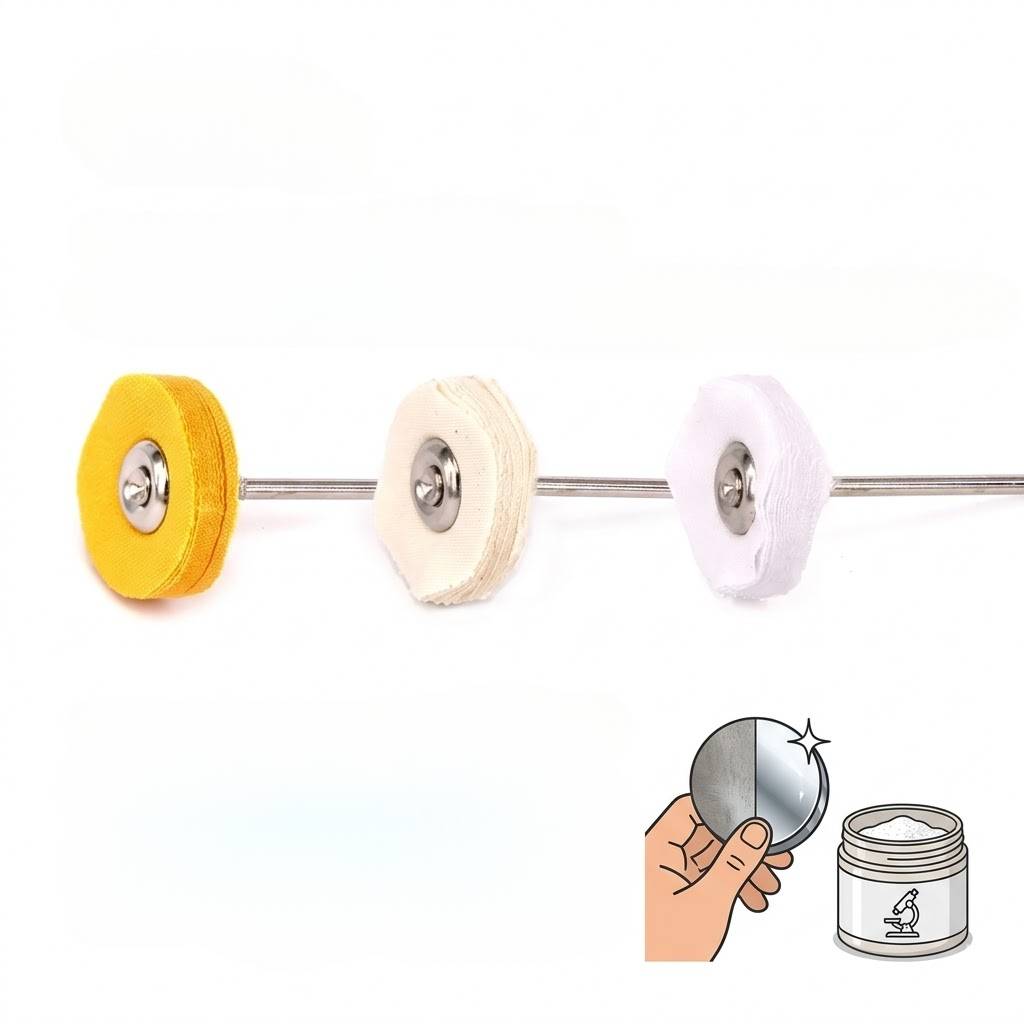 Yellow and white cotton cloth buffing wheels shown with a polishing compound for a mirror finish.