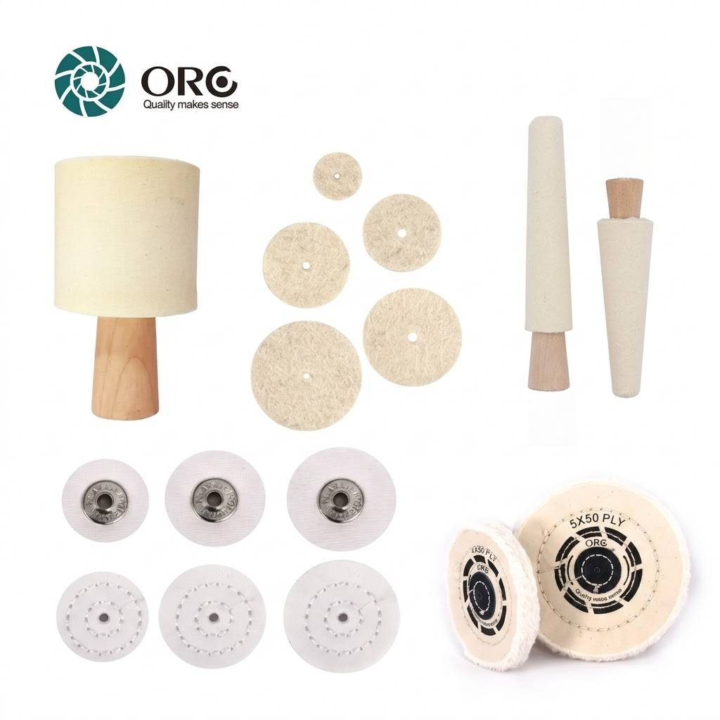 Assorted jewelry polishing kit featuring felt buffing wheels, cotton pads, and tapered felt cones for metal finishing.
