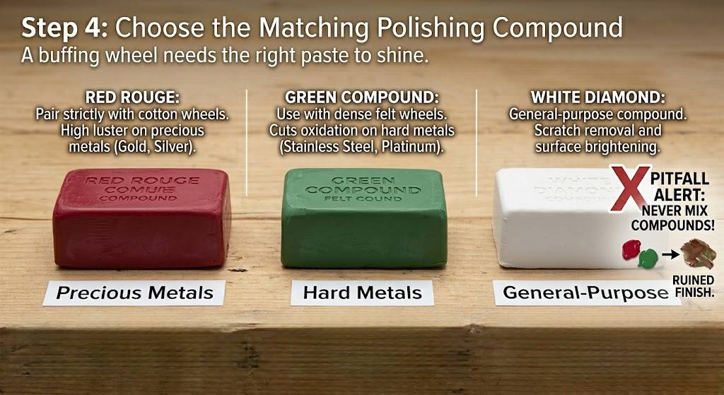 Matching compounds to Dremel wheels: Red Rouge for gold, Green for hard metals, and White Diamond for general use.