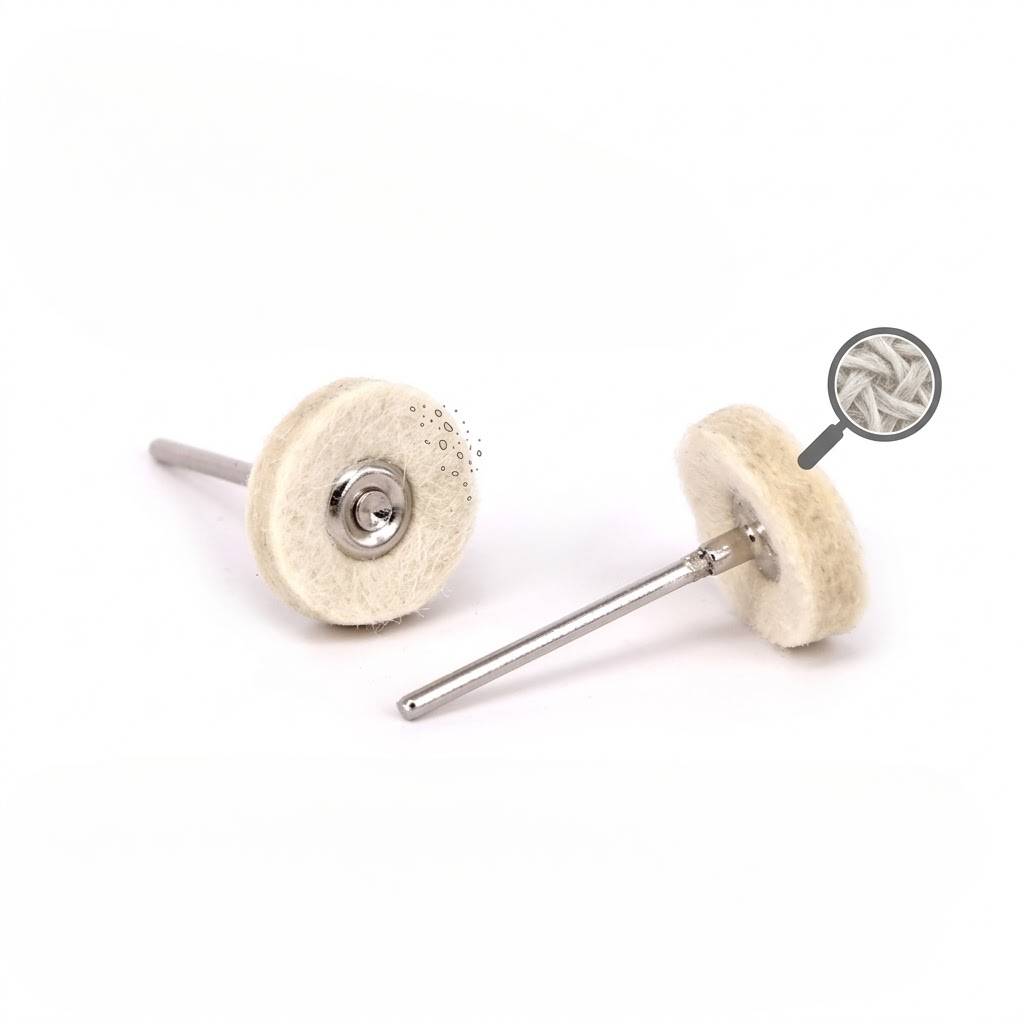 Two compressed wool felt polishing wheels with a close-up showing the dense fiber texture for high-lustre finishing.